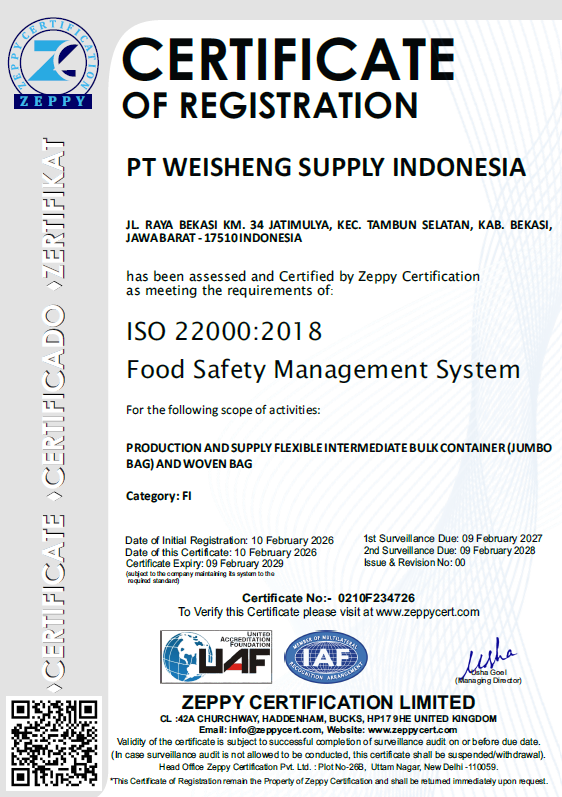 Sertifikat ISO 22000 PT. Weisheng Supply Indonesia