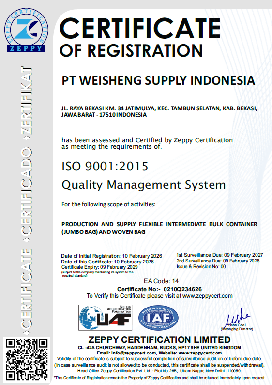 Sertifikat ISO 9001 PT. Weisheng Supply Indonesia